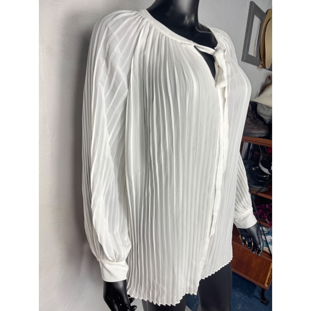 Midnight Velvet Ivory Pleated Tie Neck Long Sleeve Blouse Top Small - Picture 3 of 10